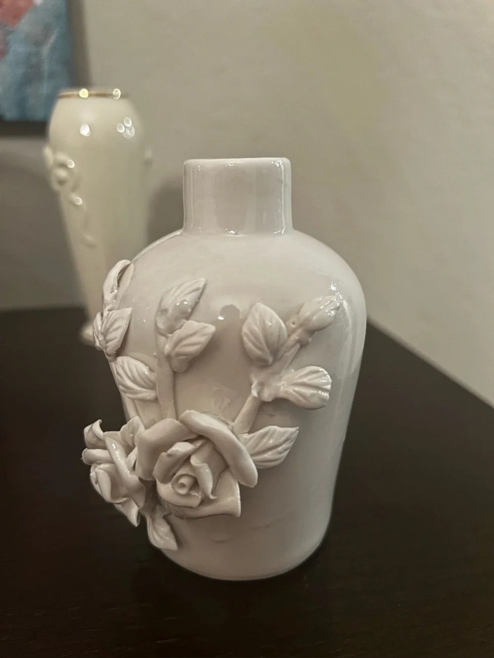 White Ceramic Vase with Raised Rose Applique — Decorative Accent